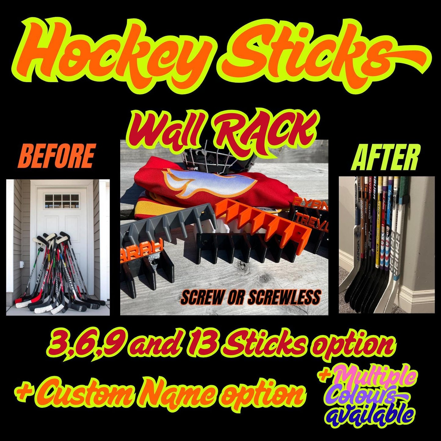 USA Made Hockey Stick Wall Rack Ultimate Organization for 5, 6 or 9 hockey Sticks, wall mounts hockey sticks organizer, hockey lover gift