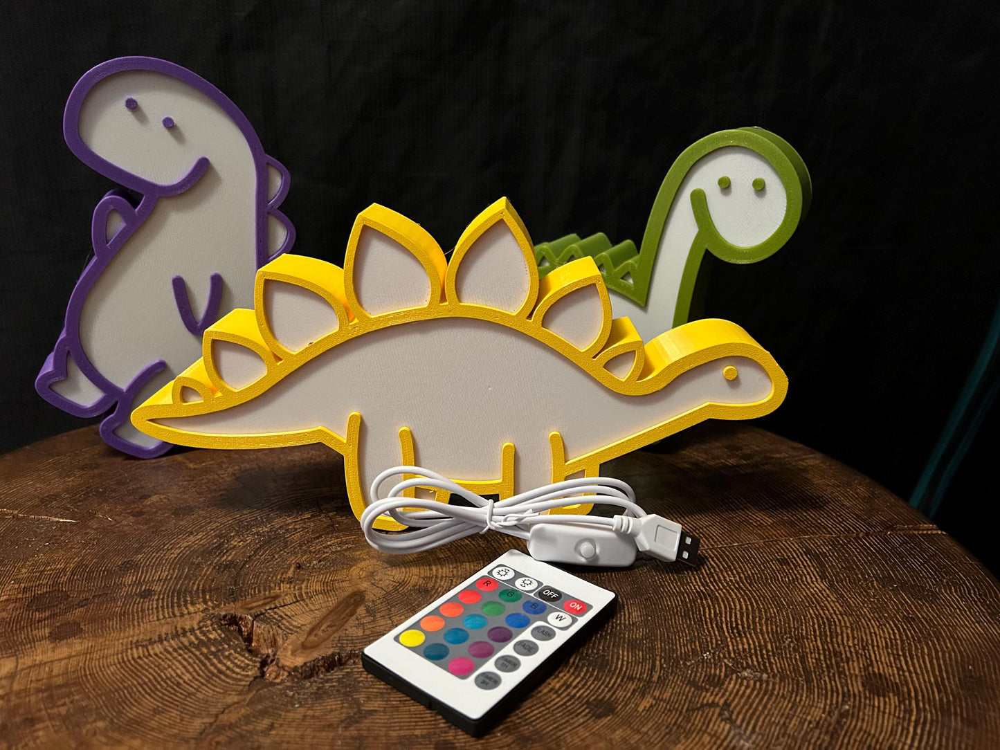 Night Light with Remote Dinosaur LED Color Changing light, USB, Kids room, Purple/Yellow/Green, 3 Shapes, Nursery Decor, Table Lamp, Gift