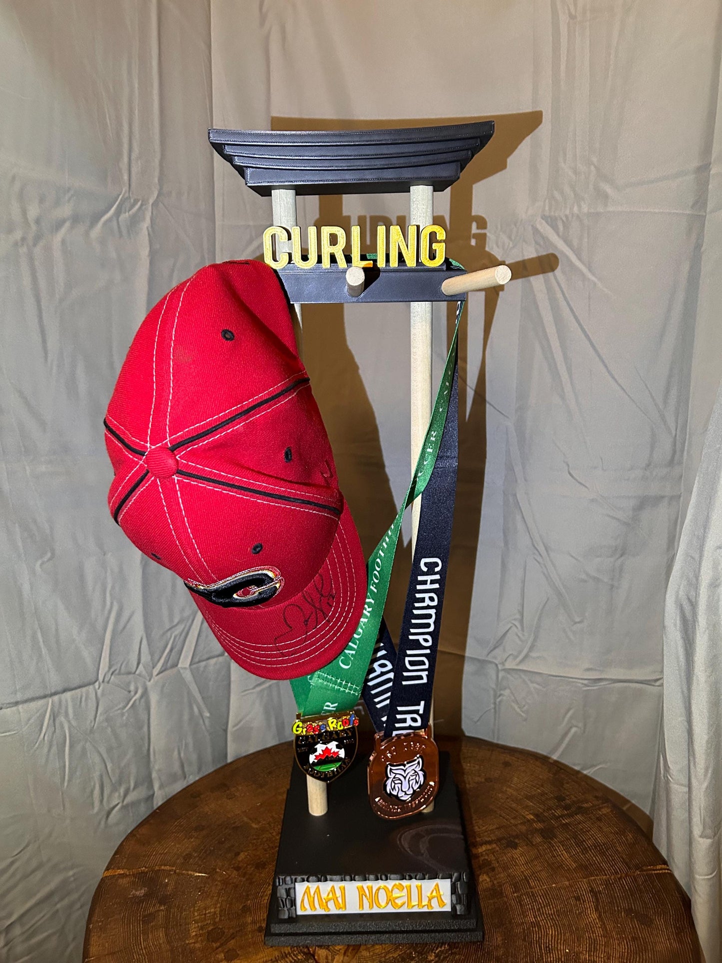 Custom Personalize Medal and Hat Display Personalized Sports Holder for Hockey, Curling, Football and More Name & Motivational Quote Option