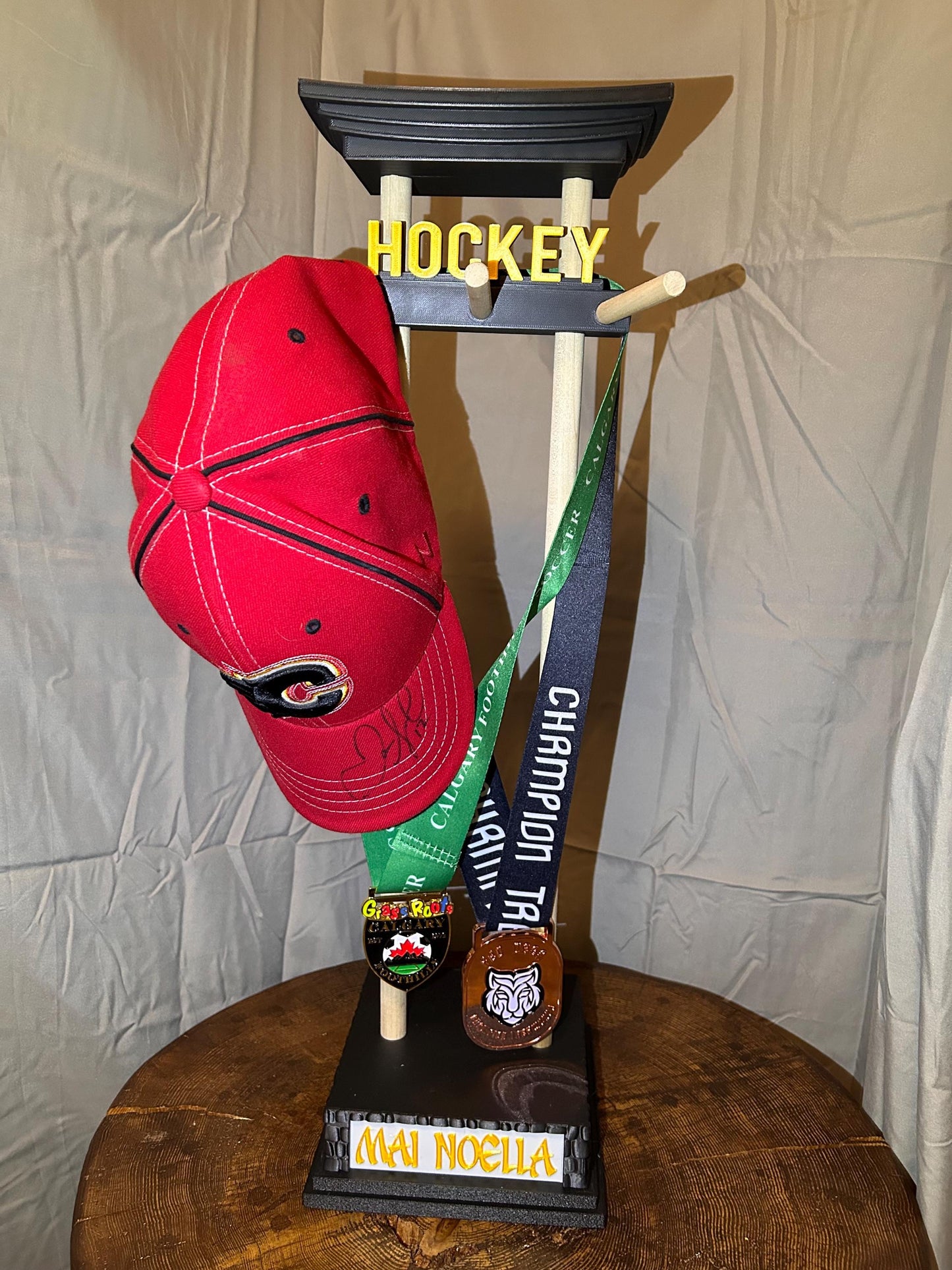 Custom Personalize Medal and Hat Display Personalized Sports Holder for Hockey, Curling, Football and More Name & Motivational Quote Option