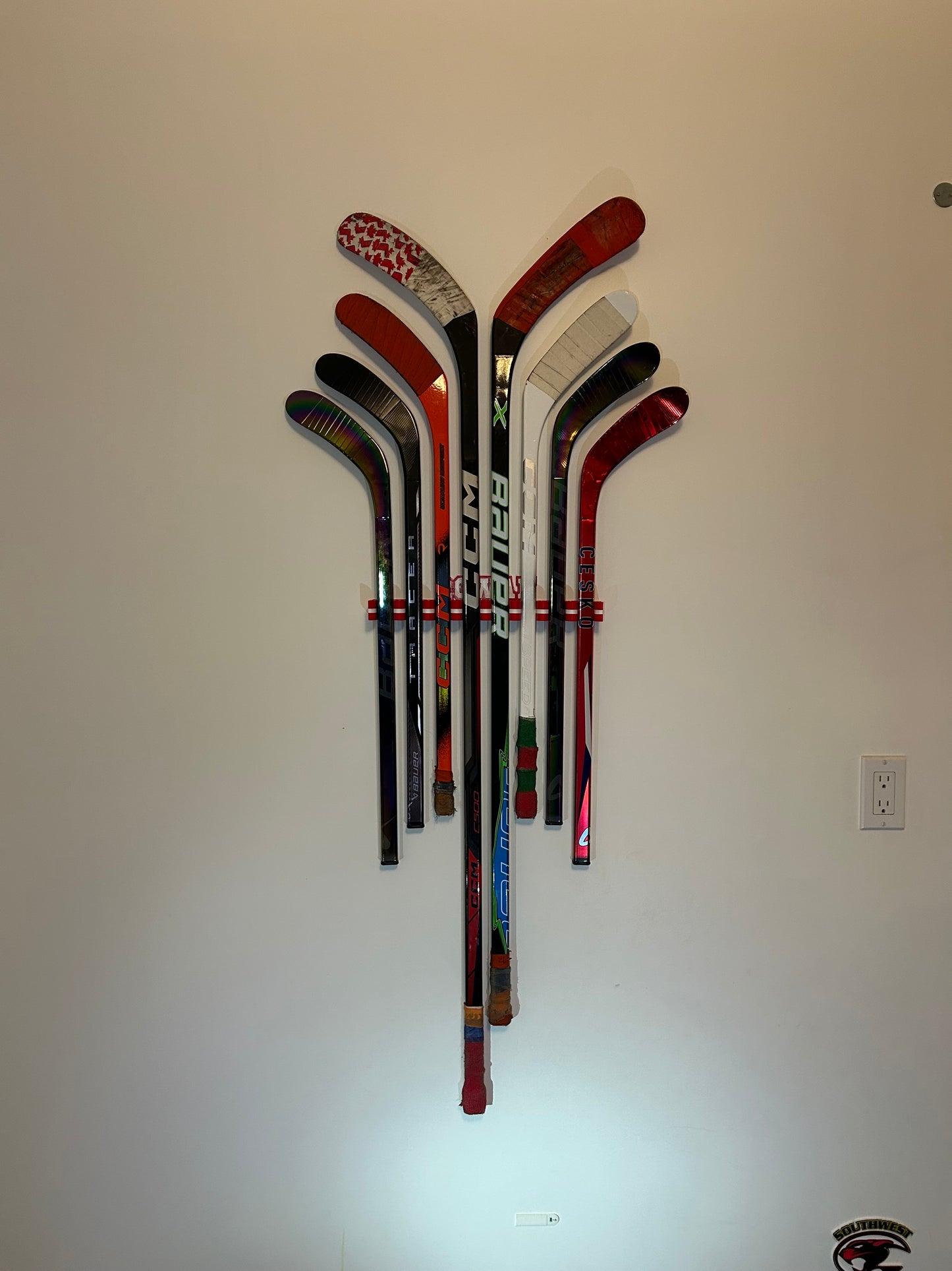Hockey Stick Display Rack Holder for 8 Mini and Regular Stick Wall mount Holder, Room Organizer garage and arrange Playroom