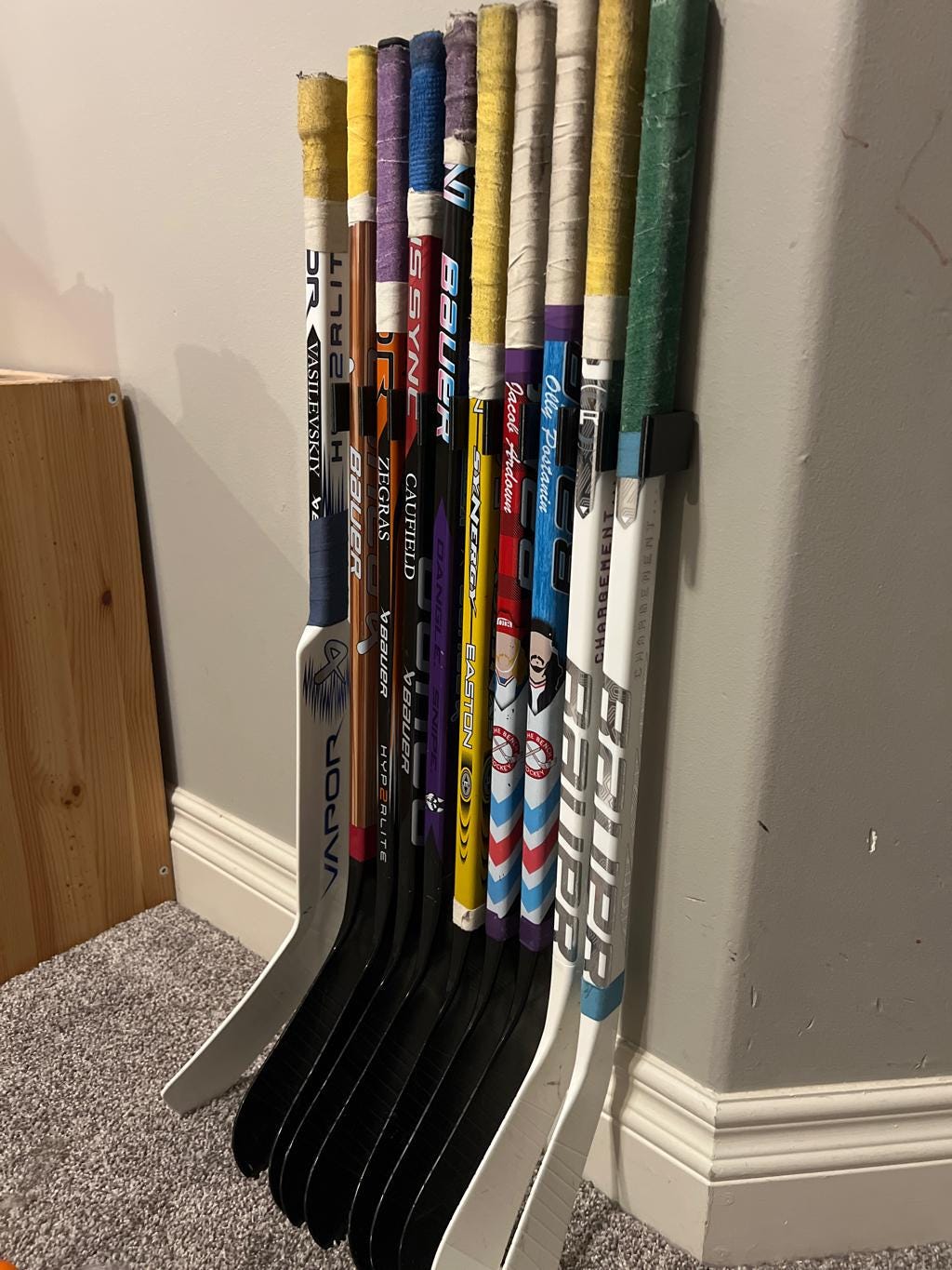 2 Personalized Hockey stick Rack wall mount Hockey rack organizer for 9 Hockey stick hocker pack of 2,  Personalized Hockey Gear Holder gift